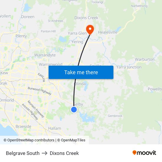 Belgrave South to Dixons Creek map