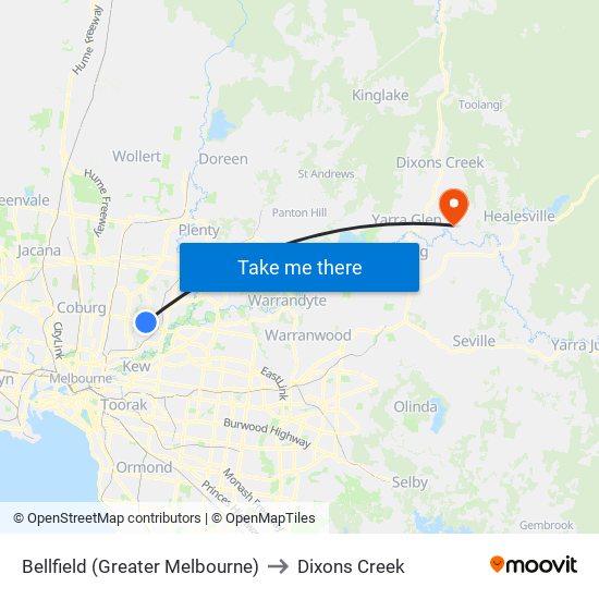 Bellfield (Greater Melbourne) to Dixons Creek map