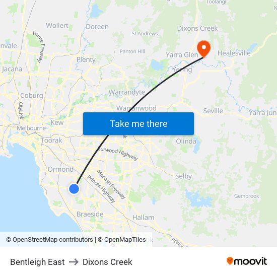 Bentleigh East to Dixons Creek map