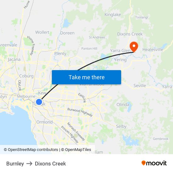 Burnley to Dixons Creek map