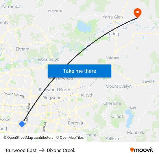 Burwood East to Dixons Creek map