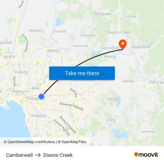 Camberwell to Dixons Creek map
