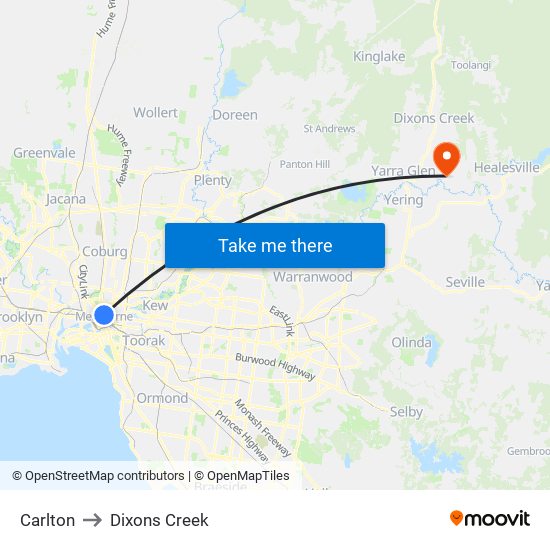 Carlton to Dixons Creek map