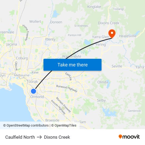 Caulfield North to Dixons Creek map