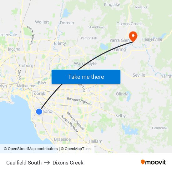 Caulfield South to Dixons Creek map