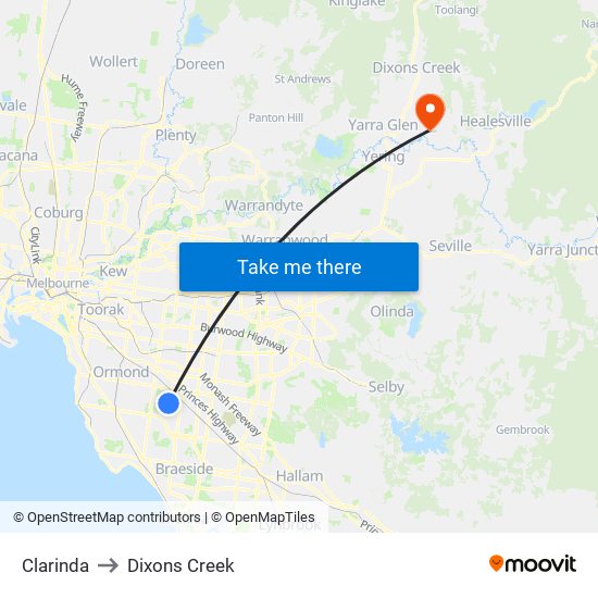 Clarinda to Dixons Creek map