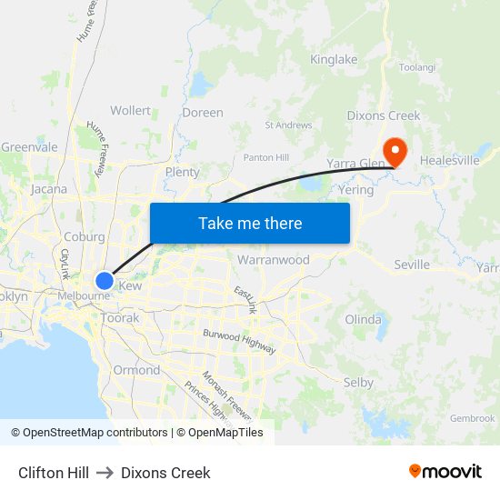 Clifton Hill to Dixons Creek map