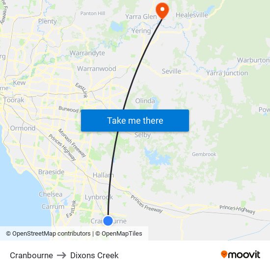 Cranbourne to Dixons Creek map