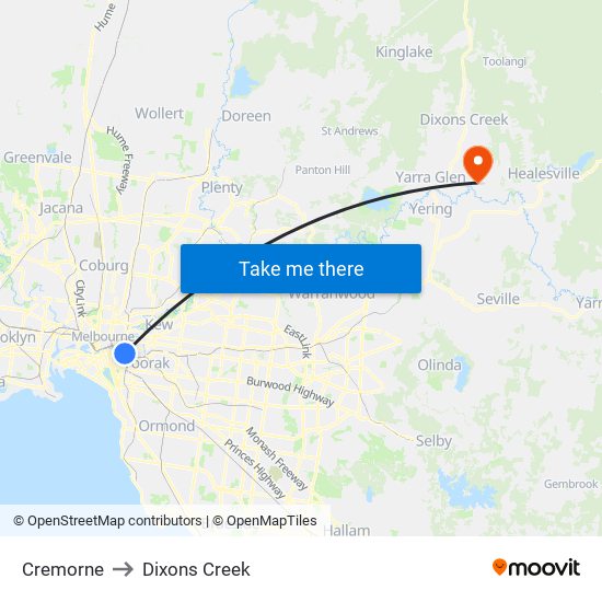 Cremorne to Dixons Creek map