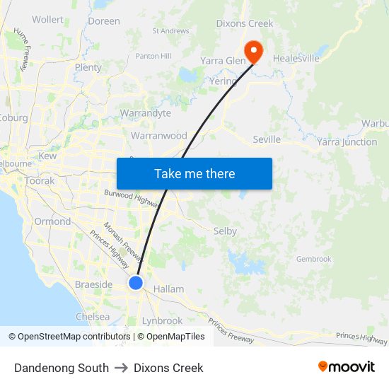 Dandenong South to Dixons Creek map