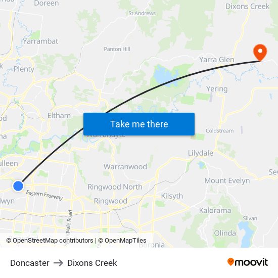 Doncaster to Dixons Creek map