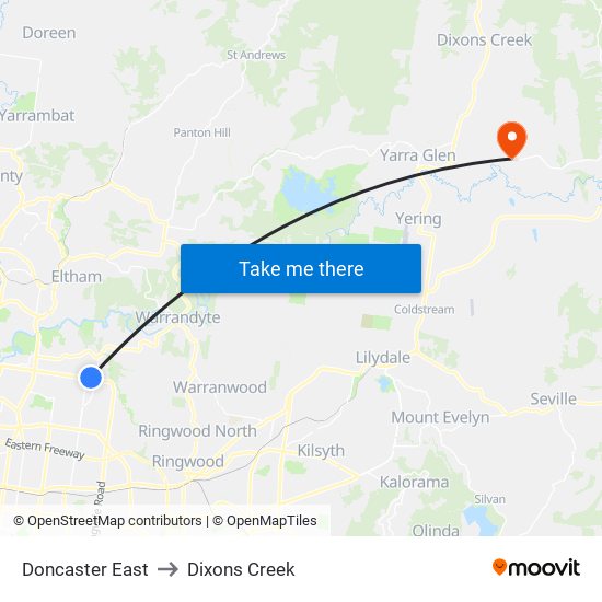 Doncaster East to Dixons Creek map