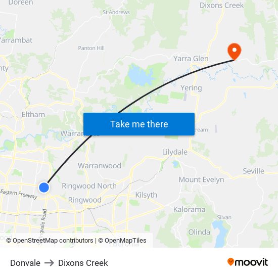 Donvale to Dixons Creek map