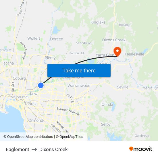 Eaglemont to Dixons Creek map