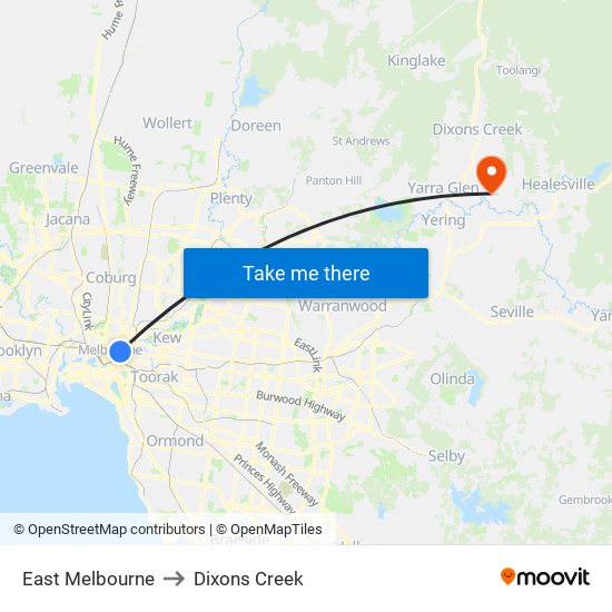 East Melbourne to Dixons Creek map