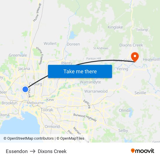 Essendon to Dixons Creek map