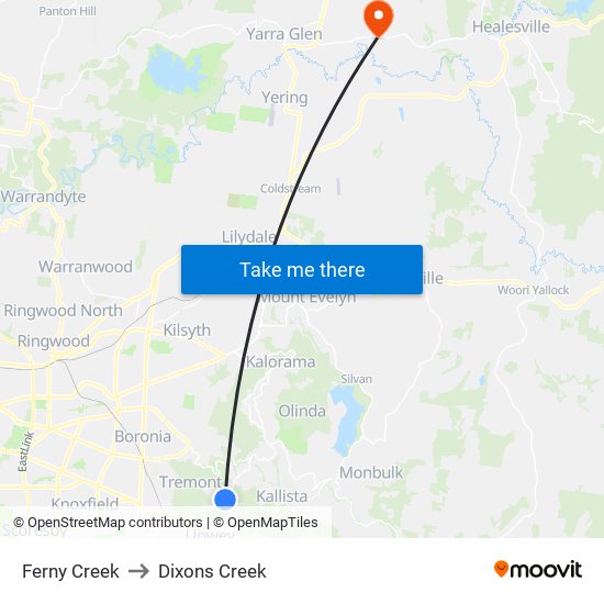 Ferny Creek to Dixons Creek map