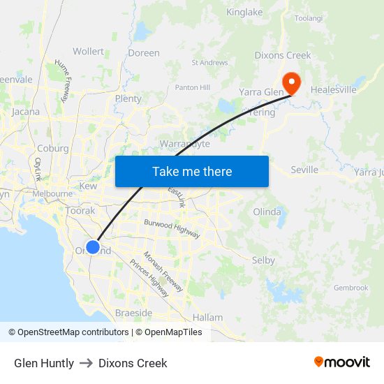 Glen Huntly to Dixons Creek map