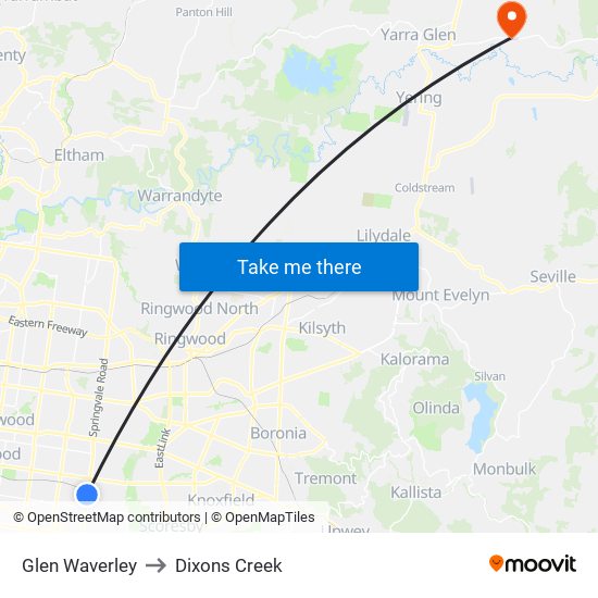 Glen Waverley to Dixons Creek map