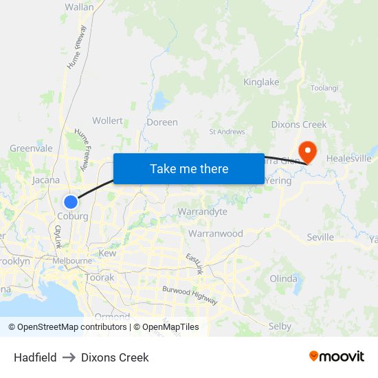 Hadfield to Dixons Creek map