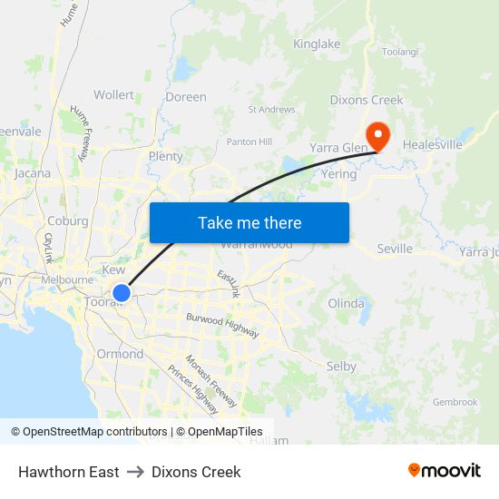 Hawthorn East to Dixons Creek map