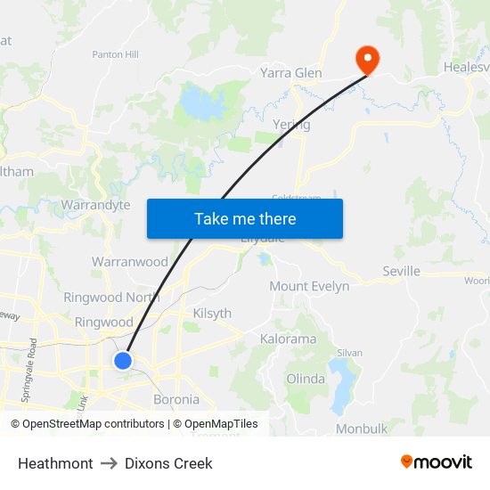 Heathmont to Dixons Creek map