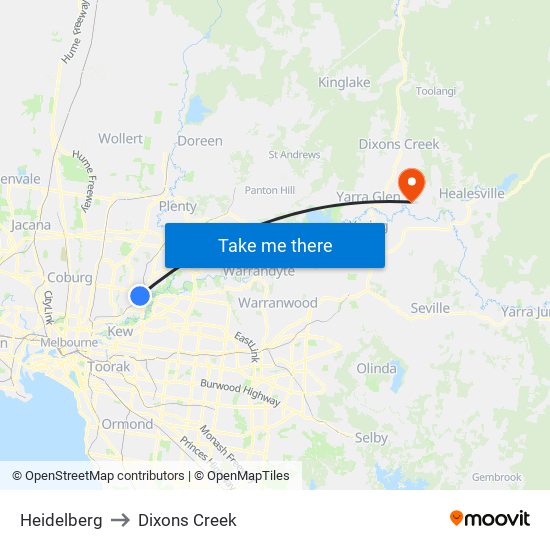 Heidelberg to Dixons Creek map