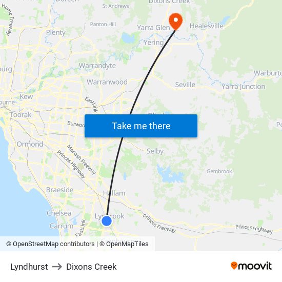 Lyndhurst to Dixons Creek map