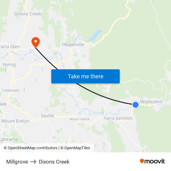 Millgrove to Dixons Creek map