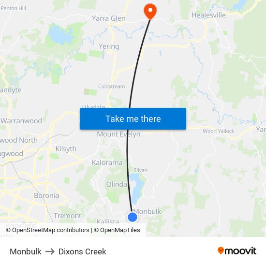 Monbulk to Dixons Creek map