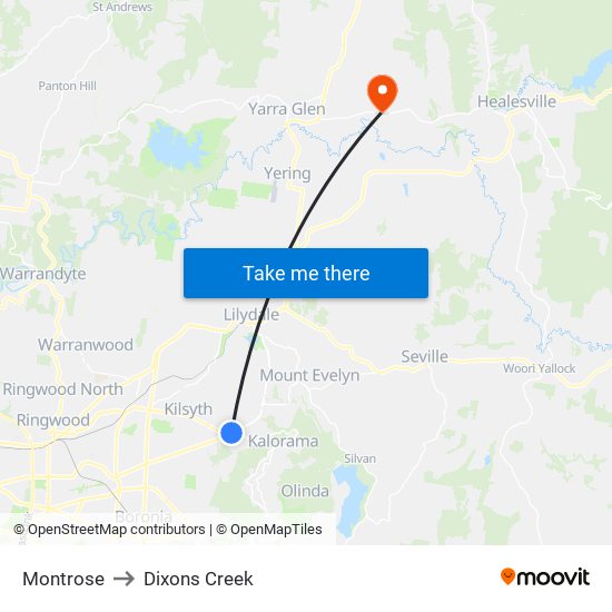 Montrose to Dixons Creek map