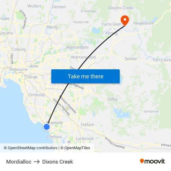 Mordialloc to Dixons Creek map