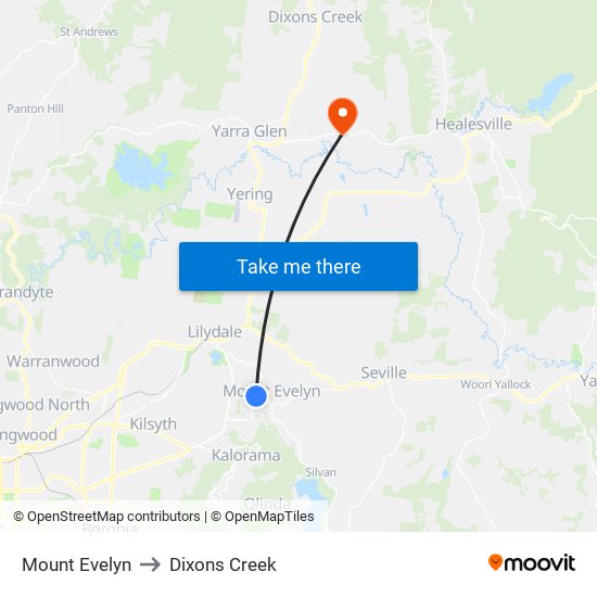 Mount Evelyn to Dixons Creek map