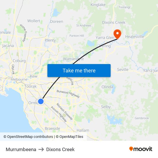 Murrumbeena to Dixons Creek map