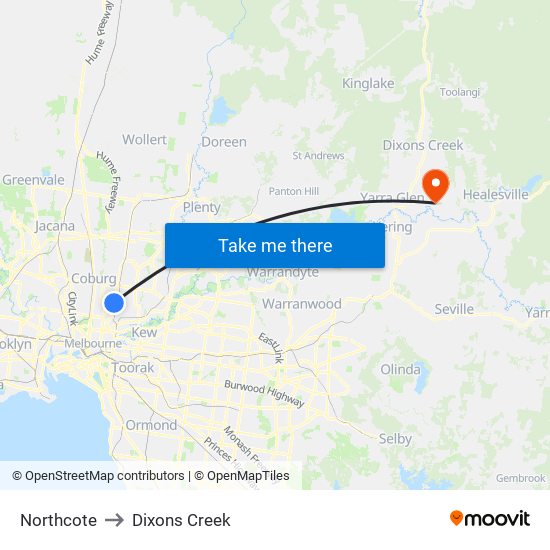 Northcote to Dixons Creek map