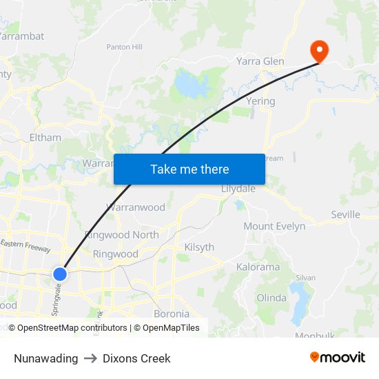 Nunawading to Dixons Creek map