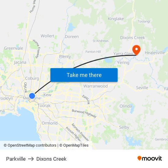 Parkville to Dixons Creek map