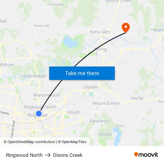 Ringwood North to Dixons Creek map