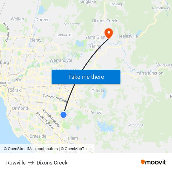 Rowville to Dixons Creek map