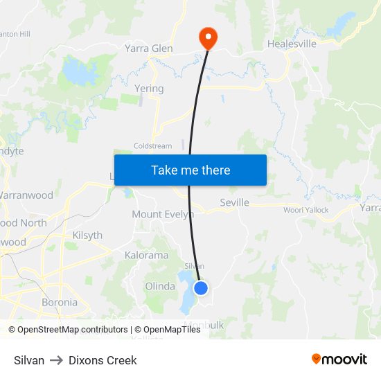 Silvan to Dixons Creek map