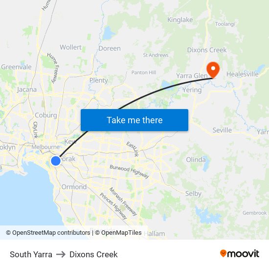 South Yarra to Dixons Creek map