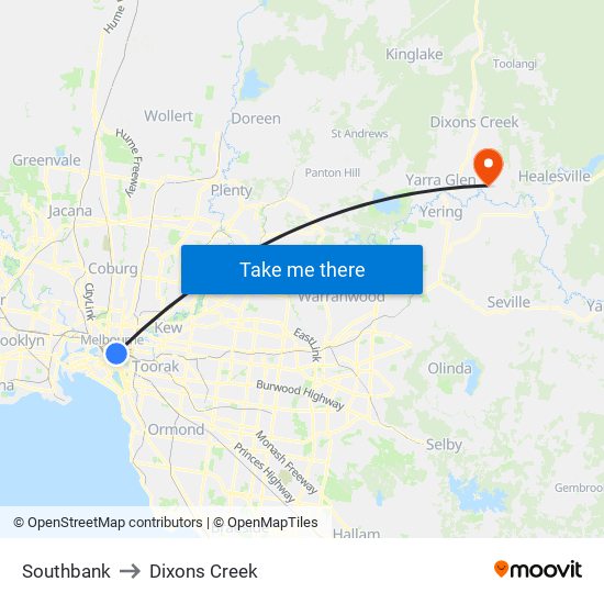 Southbank to Dixons Creek map