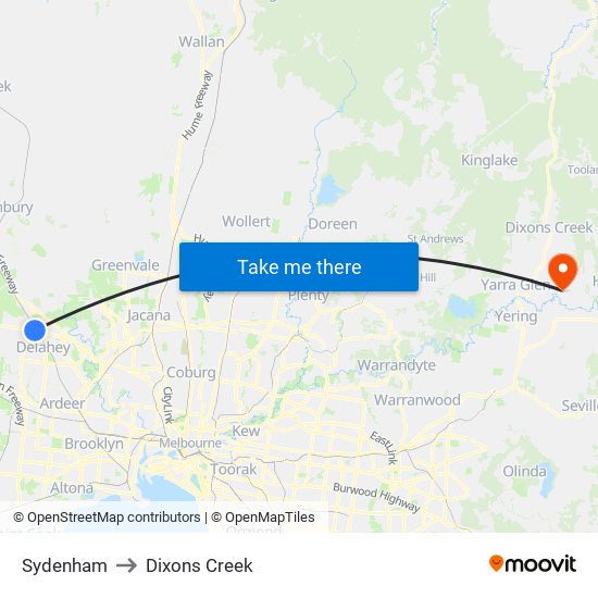 Sydenham to Dixons Creek map