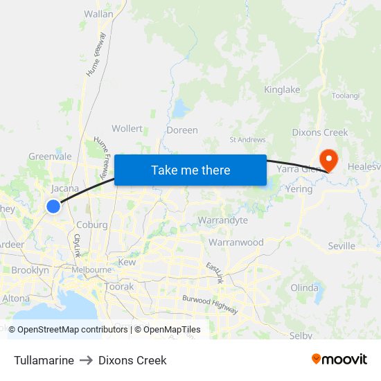 Tullamarine to Dixons Creek map