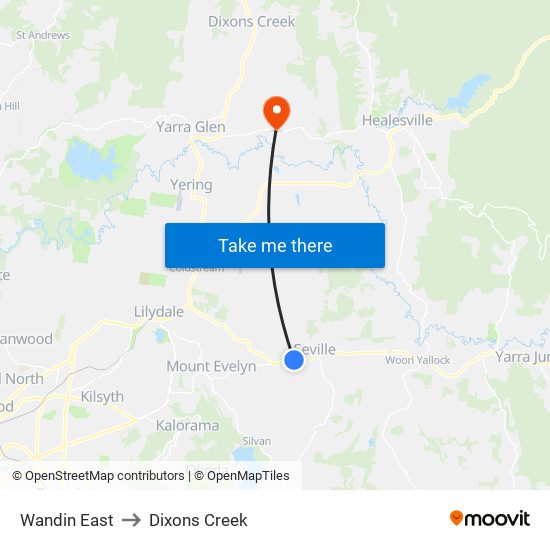 Wandin East to Dixons Creek map