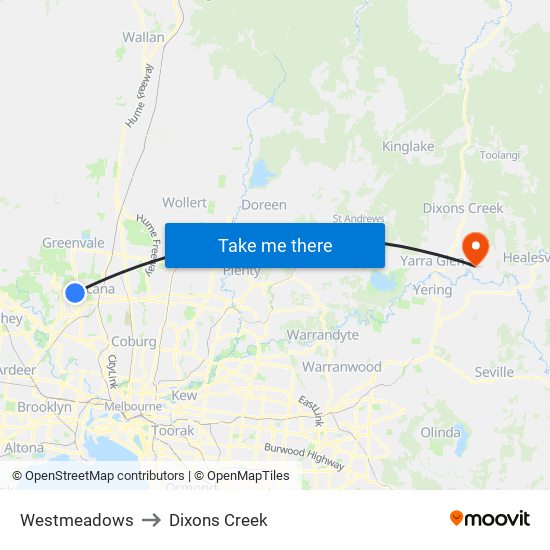 Westmeadows to Dixons Creek map