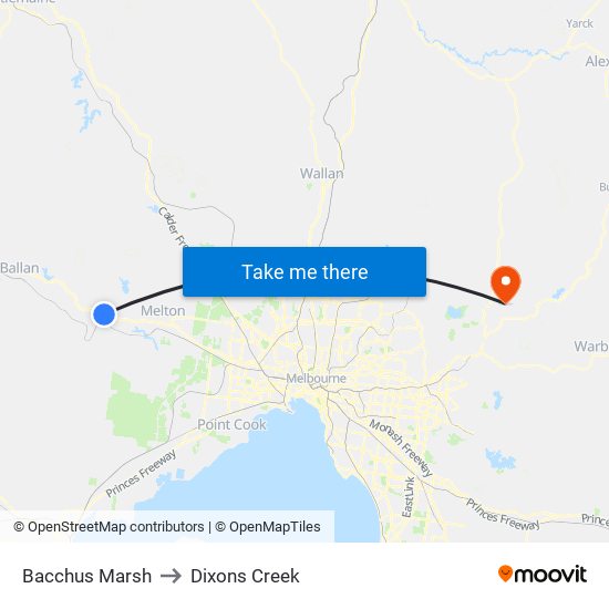 Bacchus Marsh to Dixons Creek map