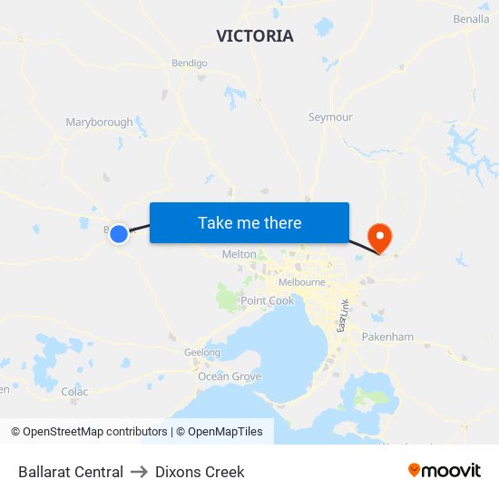 Ballarat Central to Dixons Creek map