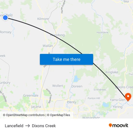 Lancefield to Dixons Creek map