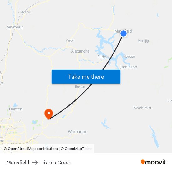 Mansfield to Dixons Creek map